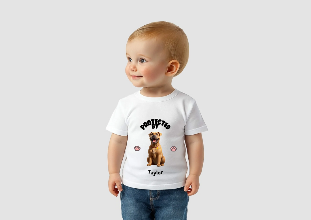 Protected by Dog Baby T-shirt | Embroidery | PAWNI